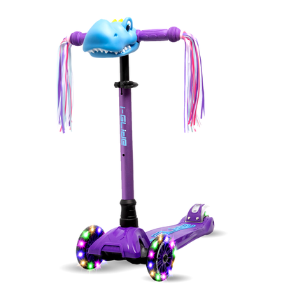 I-GLIDE 3 Wheel Kids Scooter with Dinosaur Head and Ribbons - Purple/Blue