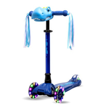 I-GLIDE 3 Wheel Kids Scooter with Dinosaur Head and Ribbons - Blue/Blue