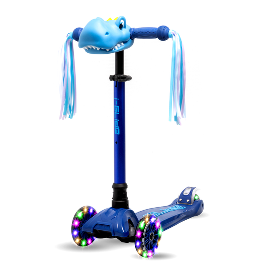 I-GLIDE 3 Wheel Kids Scooter with Dinosaur Head and Ribbons - Blue/Blue