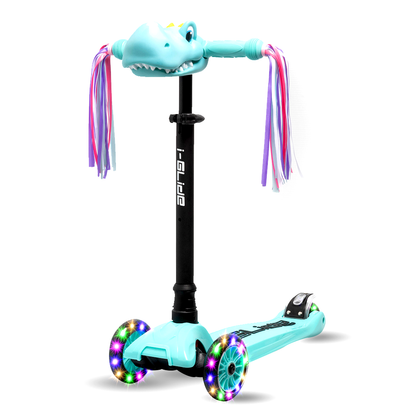 I-GLIDE 3 Wheel Kids Scooter with Dinosaur Head and Ribbons - Aqua