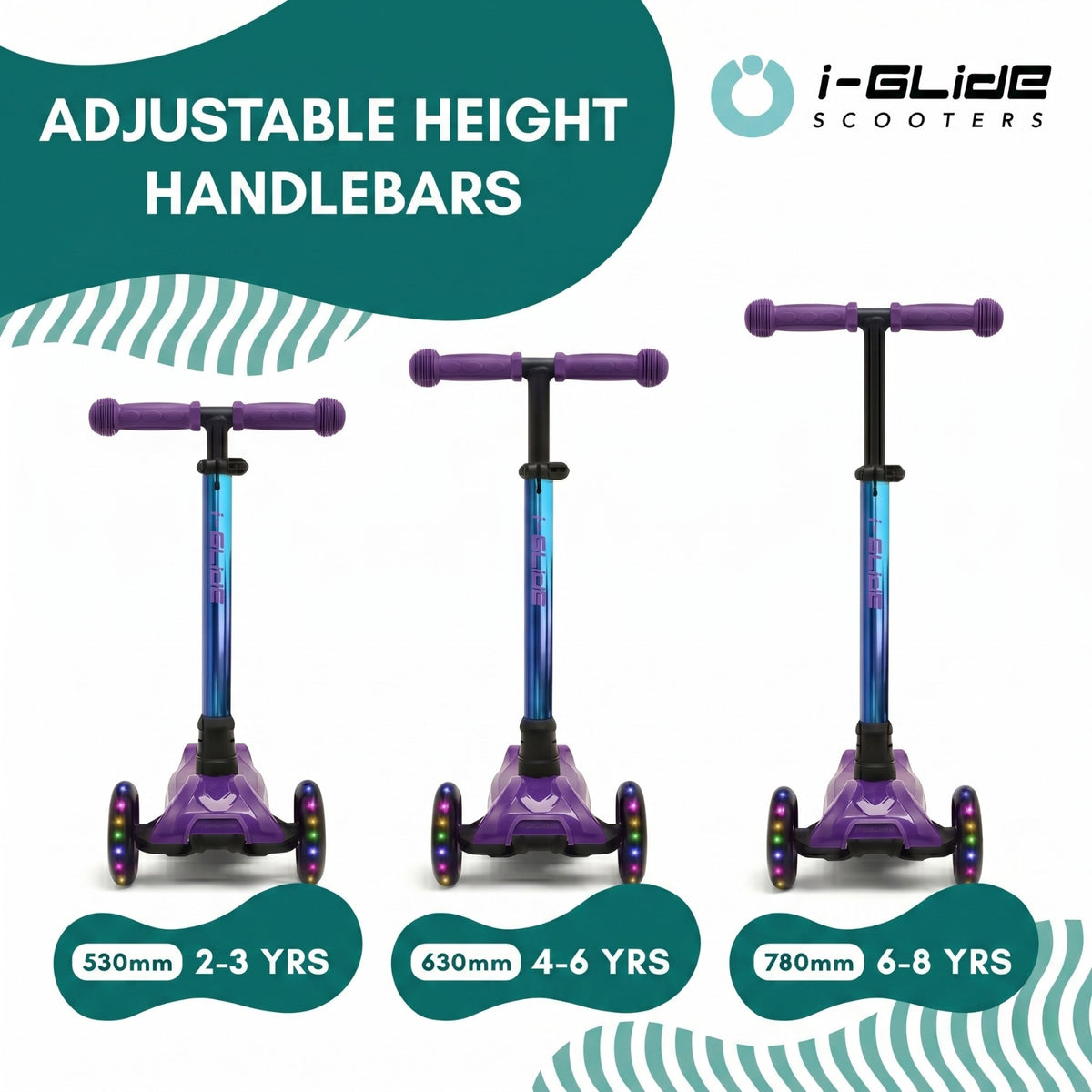 i-GLIDE 3 Wheel Kids Scooter - Purple/Blue with Neo-chrome Bar