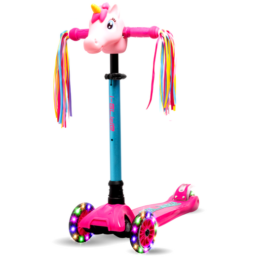 I-GLIDE 3 Wheel Kids Scooter with Unicorn Head and Ribbons - Pink/Aqua